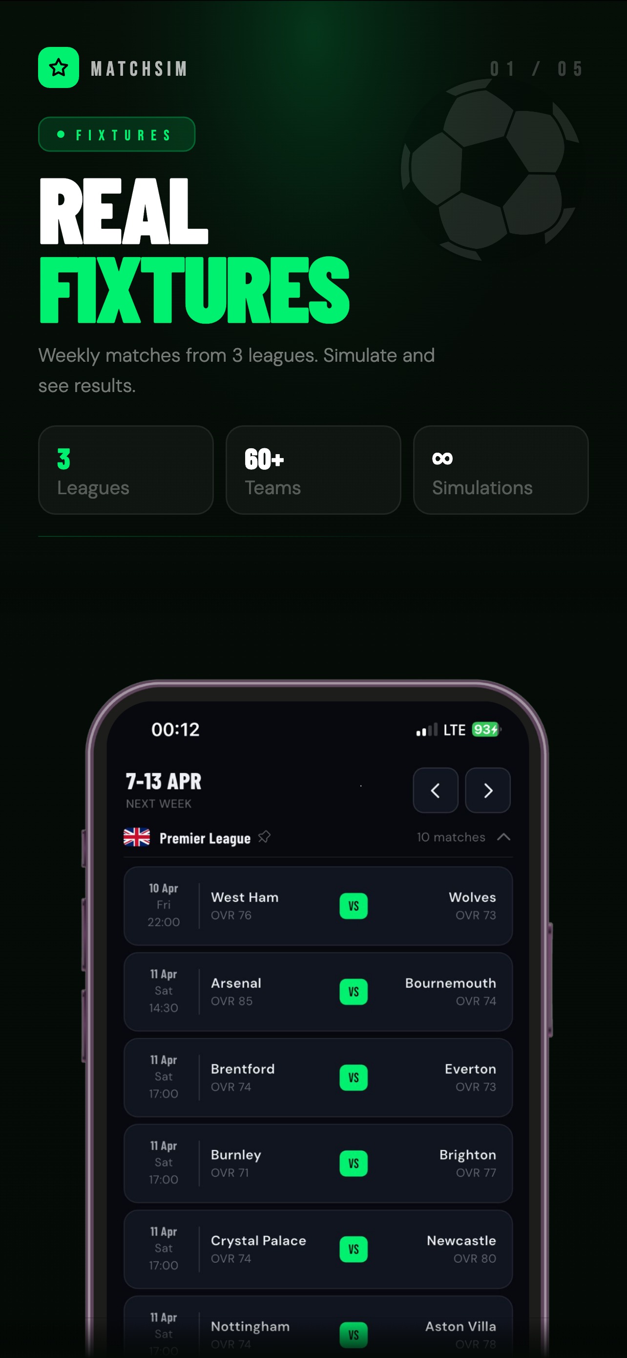 MATCHSIM Home Screen, football match simulator