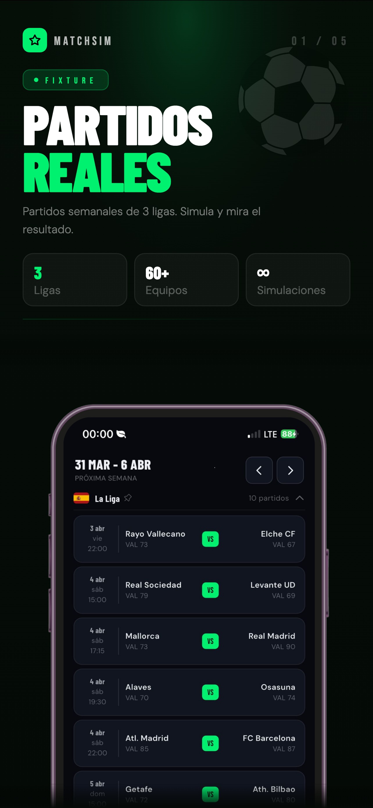 Pantalla de inicio MATCHSIM, simulador de partidos de futbol