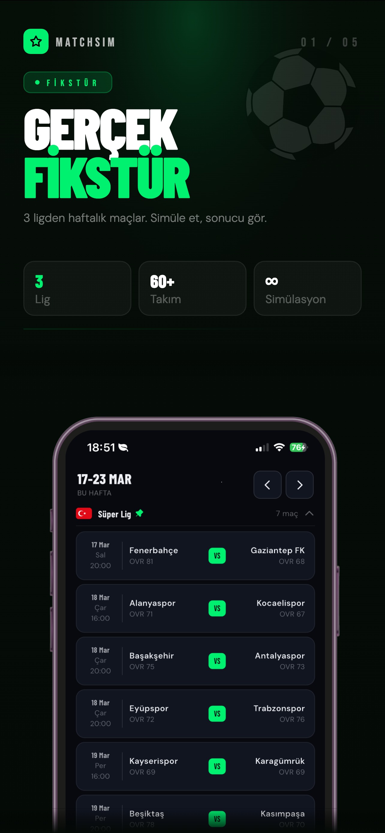 MATCHSIM Ana Ekran, futbol maç simülatörü