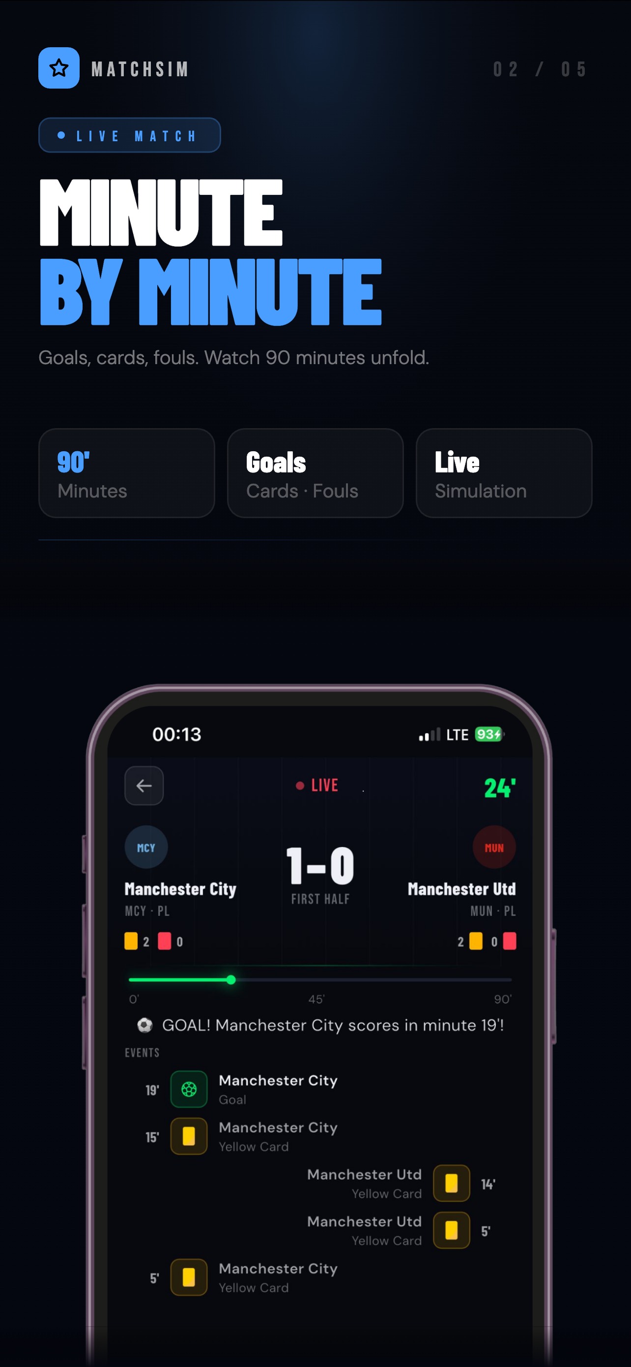 Live Match Simulation with goals, cards, real-time