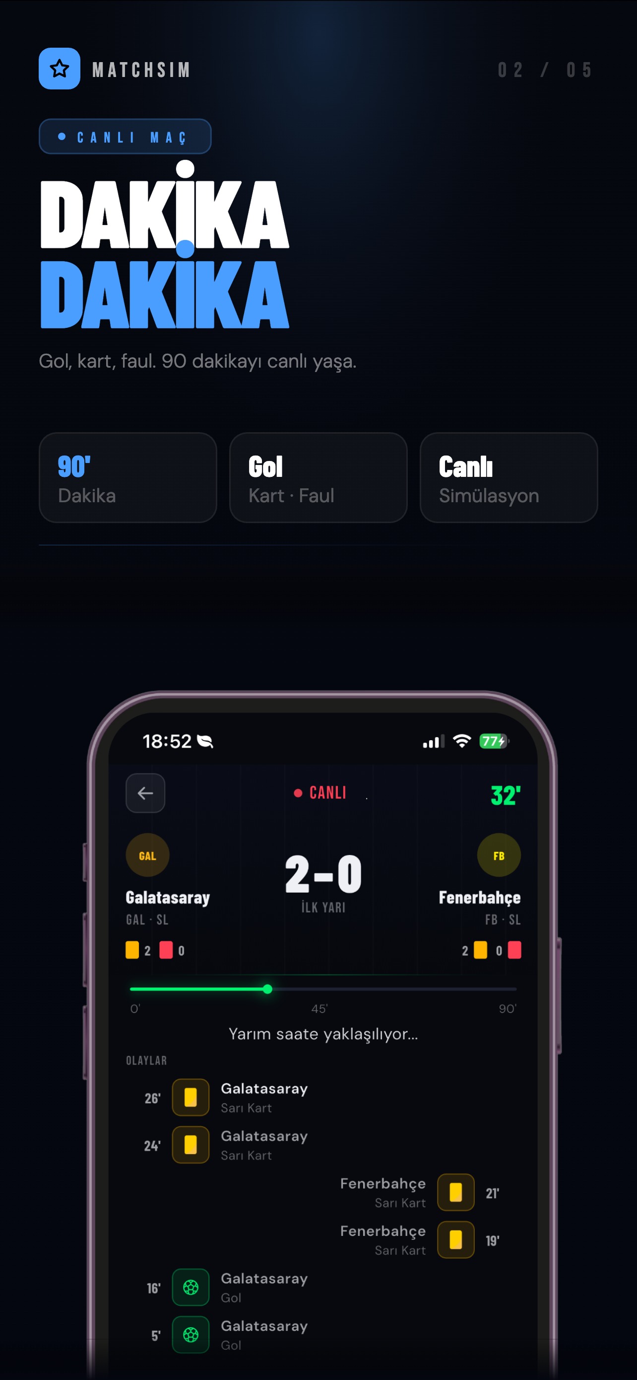Canlı Maç Simülasyonu, goller kartlar gerçek zamanlı